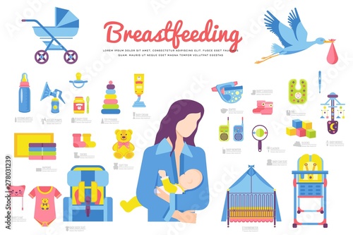 Set of breastfeeding and childhood objects icons.