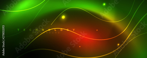 Shiny neon lines template - northern lights glowing blur lines. Futuristic style glow neon 80s disco club or night party techno template