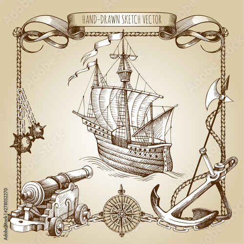 Adventure stories. Pirate background. Vintage border frame. Old caravel, vintage sailboat. Cannon, ghost ship, shipwreck, sea battle