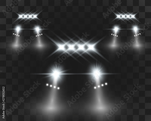 Realistic white glow round beams of car headlights, isolated on transparent background. Police car. Light from headlights. Police patrol.