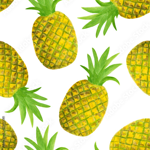 Watercolor pineapple seamless pattern. Hand drawn tropical fruits illustration isolated on white background. Design for textile, menu, cards, scrapbooking, food packaging, wrapping.