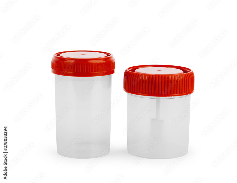 an empty plastic jar with a green lid for medical tests and material collection, on a white background. The concept of medicine, laboratory research an empty plastic jar with a green lid for medical tests and material collection, on a white background. The concept of medicine, laboratory research