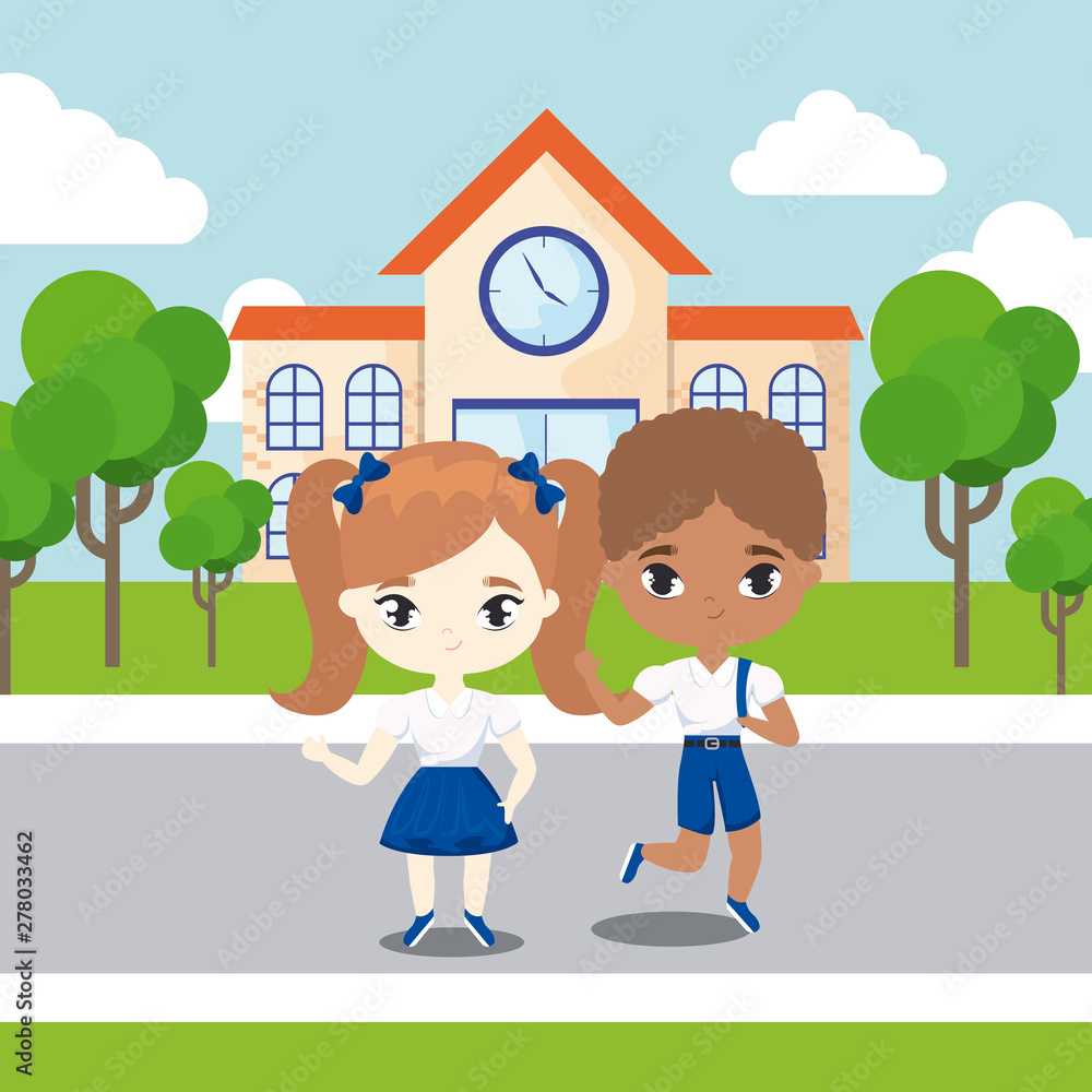 cute little students front of school building cute little students front of school building