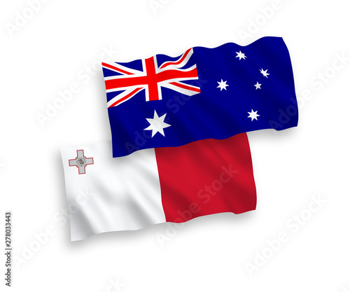 National vector fabric wave flags of Australia and Malta isolated on white background. 1 to 2 proportion.