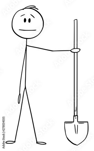 Vector cartoon stick figure drawing conceptual illustration of man or construction worker or digger holding shovel.