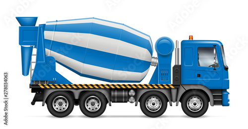 Concrete mixer truck with view from side isolated on white background. Construction vehicle vector mockup, easy editing and recolor