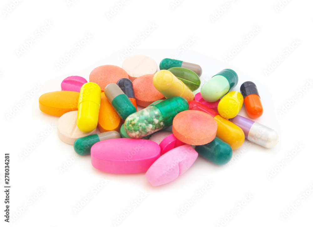 Heap of colorful pills and drugs isolated on white background Heap of colorful pills and drugs isolated on white background