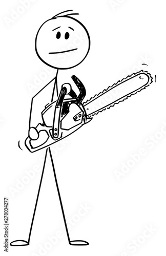 Vector cartoon stick figure drawing conceptual illustration of man or lumberjack or forest worker holding chain saw or chainsaw.