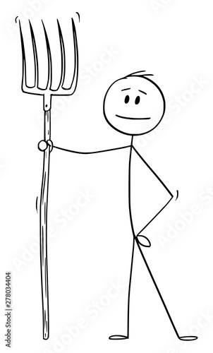 Vector cartoon stick figure drawing conceptual illustration of man or farmer or gardener holding fork or pitchfork.