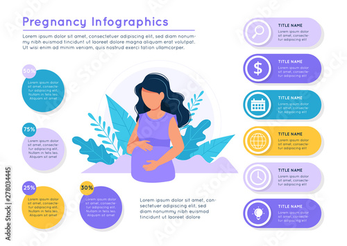 Pregnancy infographics. Pregnant woman with nature background, different data colorful elements. Vector illustration template in flat style