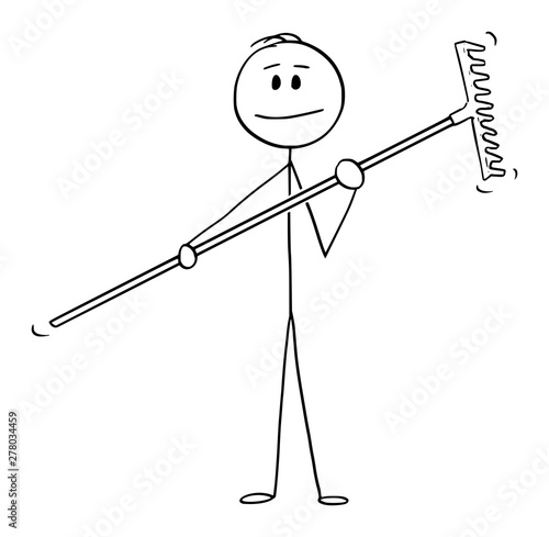Vector cartoon stick figure drawing conceptual illustration of man or farmer or gardener holding rake.