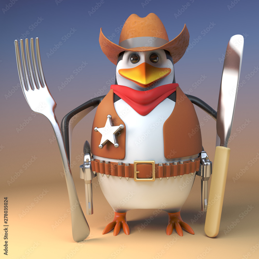 Obraz premium Hungry Wild West sheriff cowboy penguin holds his knife and fork ready for beans, 3d illustration