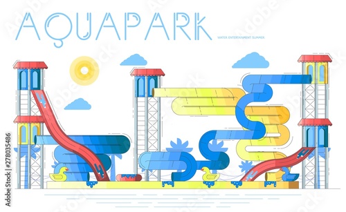 Summer aquapark with swimming pools, water slides.