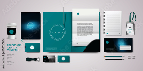 Branding corporate identity template. Stationery mockup for electric company. Bright blue color logo creative design. Ready for use in printing and advertise.