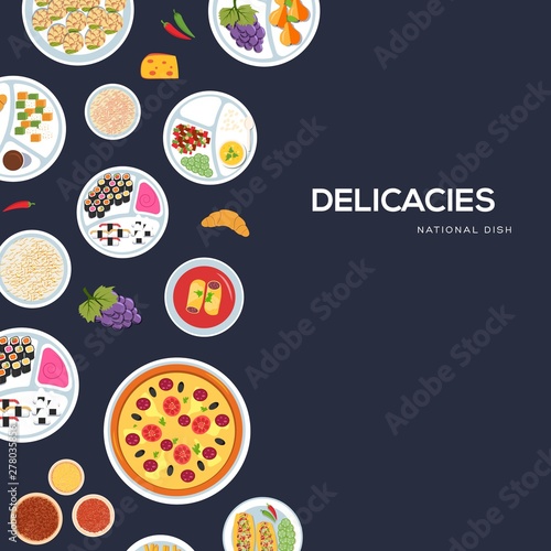 Vector square banner with seafood, fruits, pastry.