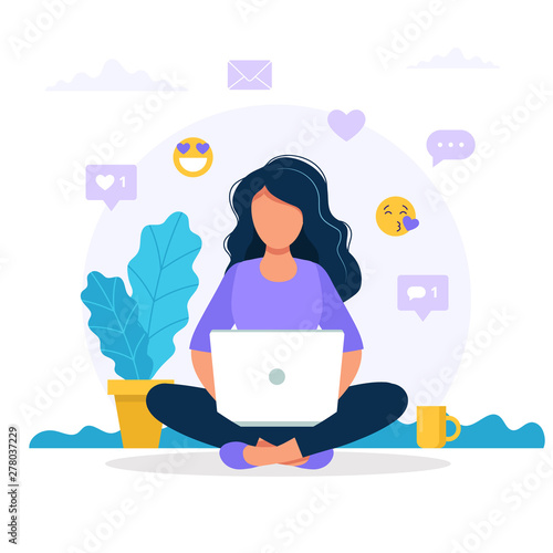 Woman sitting with a laptop, social media icons. Vector concept illustration in flat style