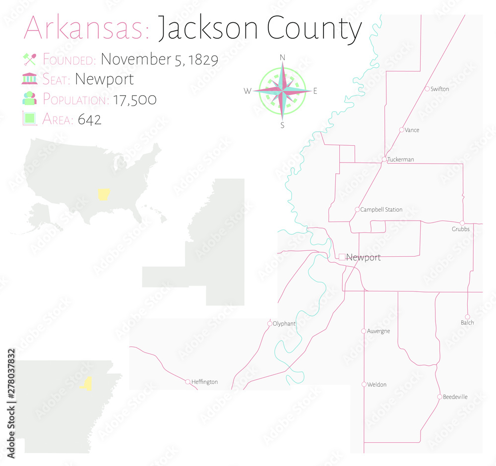 Large and detailed map of Jackson county in Arkansas, USA