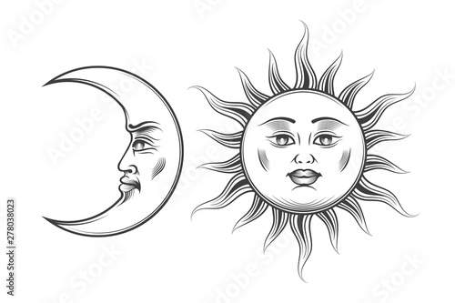 Hand Drawn Art Sun and Crescent Moon Engraving Illustration