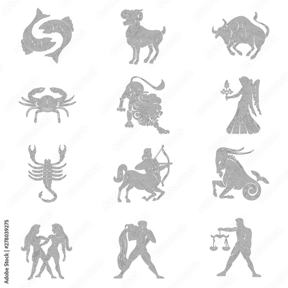 Set of zodiac signs, zodiac symbols, linear drawing, zodiac signs in black lines on a white background, vector illustration, eps 10