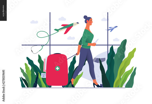 Medical tourism -medical insurance illustration -modern flat vector concept digital illustration -young woman in the airport going to flight departure for the treatment abroad, medical toursm metaphor