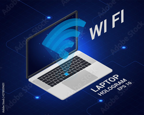 Wi Fi hologram. The laptop is an isometric view. Future technology. Wireless Internet.