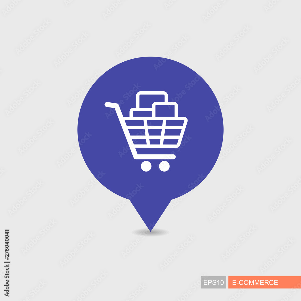 Shopping cart with boxes pin map icon Shopping cart with boxes pin map icon