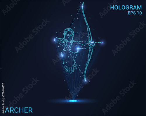 Hologram Archer. Girl shoots a bow. Flickering energy flux of particles. Scientific sports design.