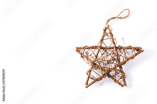 Christmas wooden star isolated on white background. Copyspace