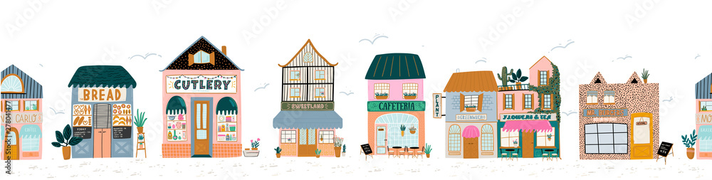 Collection of cute house, shop, store, cafe and restaurant isolated on white background. Flat vector illustration in trendy scandinavian style. European city