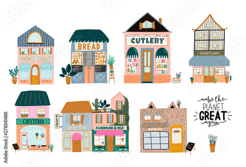 Collection of cute house, shop, store, cafe and restaurant isolated on white background. Flat vector illustration in trendy scandinavian style. European city