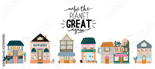 Collection of cute house, shop, store, cafe and restaurant isolated on white background. Flat vector illustration in trendy scandinavian style. European city