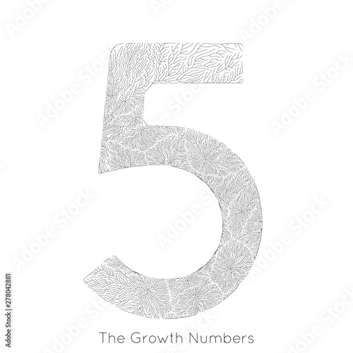 Vector generative branch growth number 5. Lichen like organic structure with veins form number shape. Monocrome biological net of vessels as five.