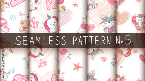 Set cute teddy animals - seamless pattern