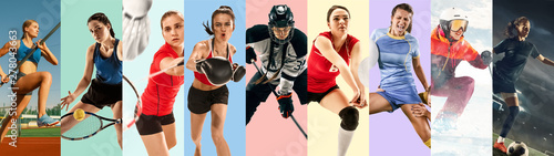 Creative collage made of photos of 9 models. Tennis  pole vault  badminton  hockey  volleyball  football  soccer  snowboarding female players or team. Sport  action  healthy lifestyle concept.
