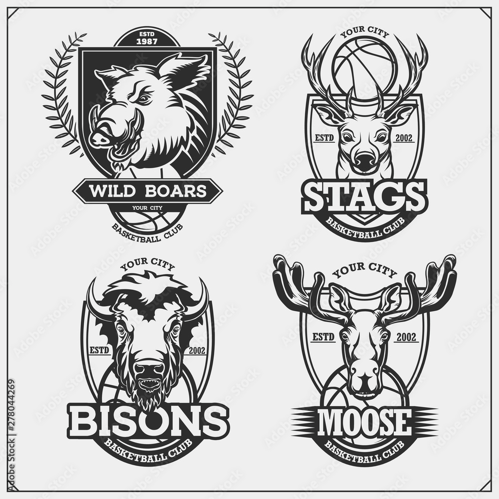 Obraz premium Basketball badges, labels and design elements. Sport club emblems with deer, bison, elk and wild boar. Print design for t-shirts.