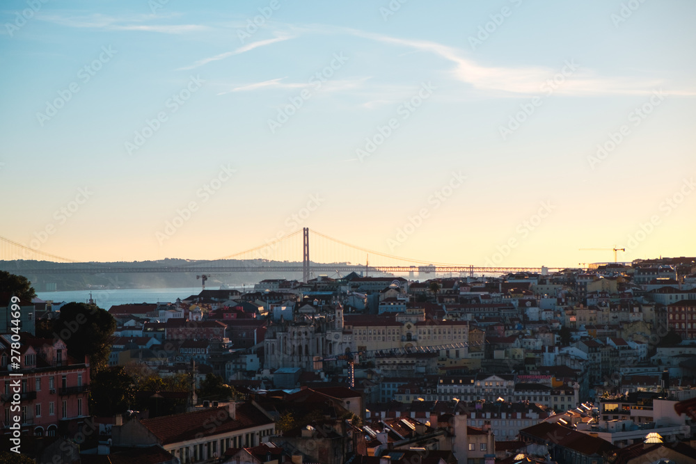 Overlooking of the city of Lisbon at sunset in spring, Portugal