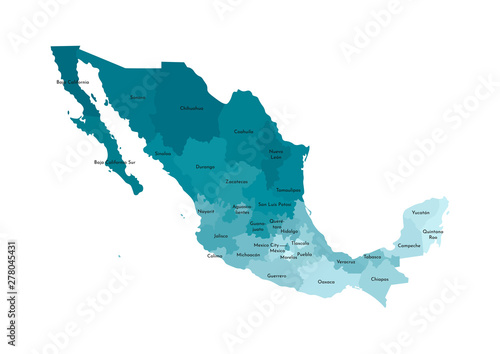 Vector isolated illustration of simplified administrative map of Mexico (United Mexican States)﻿. Borders and names of the regions. Colorful blue khaki silhouettes