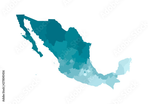 Vector isolated illustration of simplified administrative map of Mexico (United Mexican States)﻿. Borders of the regions. Colorful blue khaki silhouettes