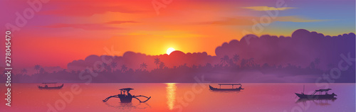 Colorful asian sunset with clouds and palm trees silhouettes, sun reflection and fisherman boats in ocean water, vector Bali island illustration