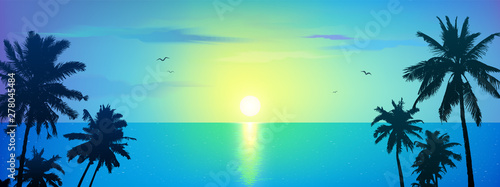 Dark palm trees silhouettes on blue tropical ocean sunrise background, vector illustration