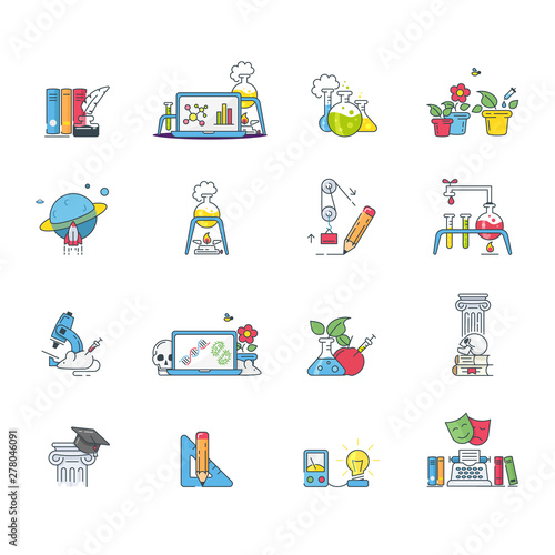 A set of school icons. Biology, chemistry, literature, physics and other school subjects. Modern vector illustration for banners, app and posts.