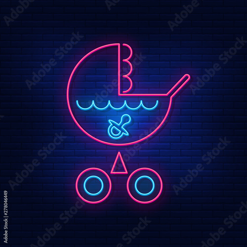 Neon lighting of a baby stroller. The bright advertisement of the pram.  Modern vector logo, banner, emblem, poster, stroller pattern. Night neon sign. Light the inscription. Vector illustration.