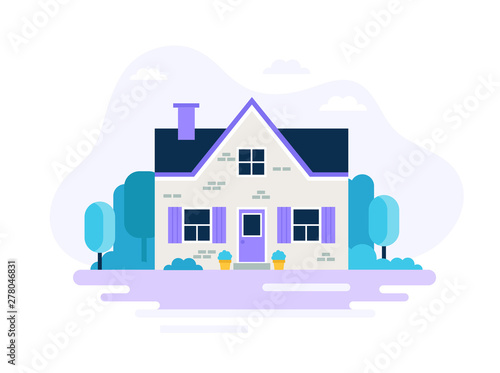 Cute house with garden. Vector illustration in flat style, isolated on white background