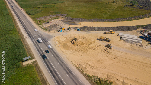 Aerial view of Construction Of Highways . Road Construction Machinery.