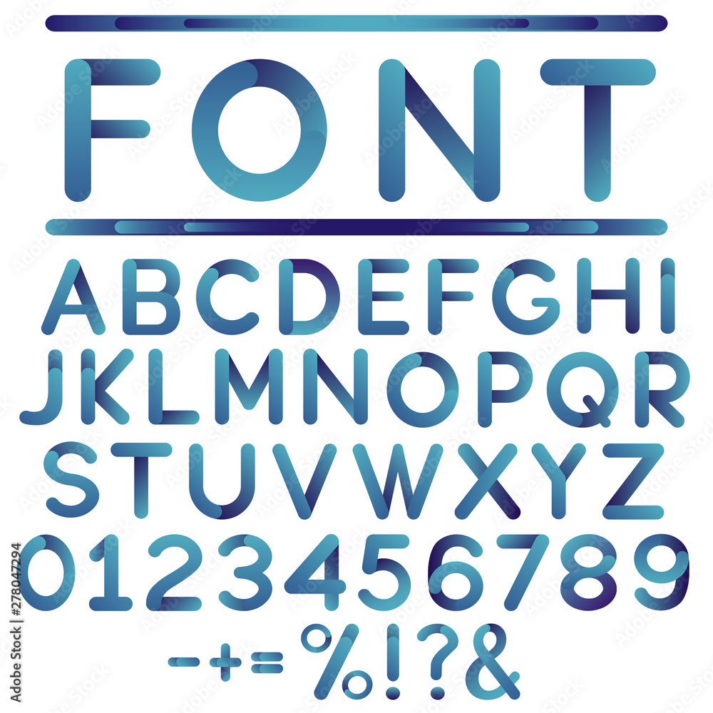 Simple font of blue gradient letters set. Modern design alphabet font, numbers and symbols. Vector illustration