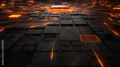 Abstract Motherboard circuit with CPU, microchips and electric signals 3d render