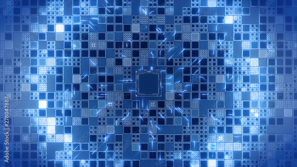 Abstract Motherboard circuit with CPU, microchips, electric wave and signals 3d render Abstract Motherboard circuit with CPU, microchips, electric wave and signals 3d render