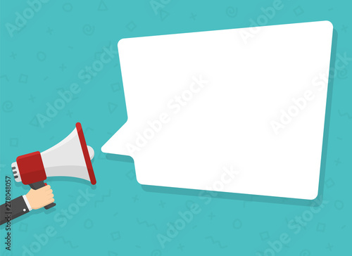 realistic red megaphone in hand with place for text in white dialog speech bubble vector illustration. loudspeaker for advertising, promotions, sales, messages. flat illustration on green background