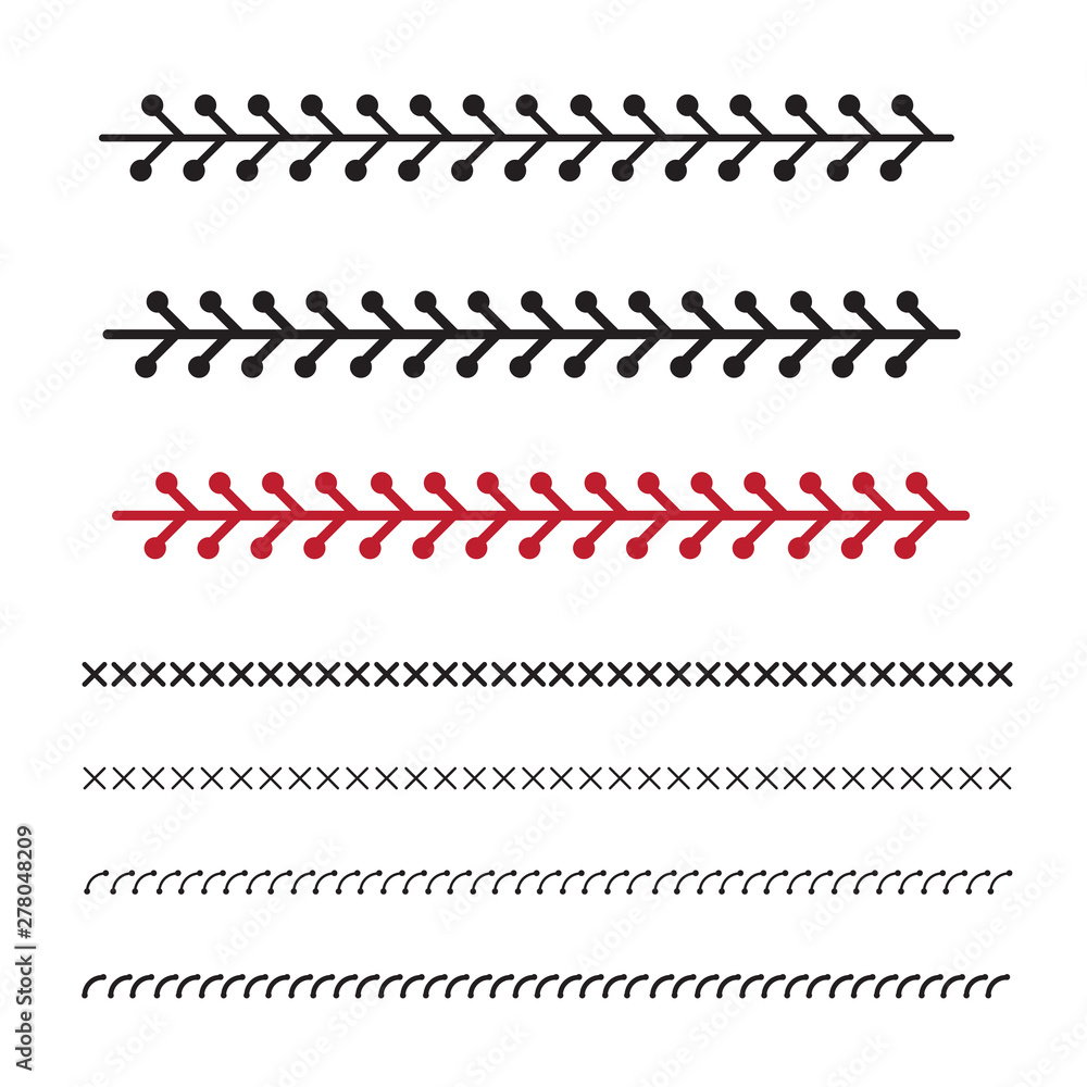 Softball, baseball red lace. Sewing machine stitches zig zag line Softball, baseball red lace. Sewing machine stitches zig zag line
