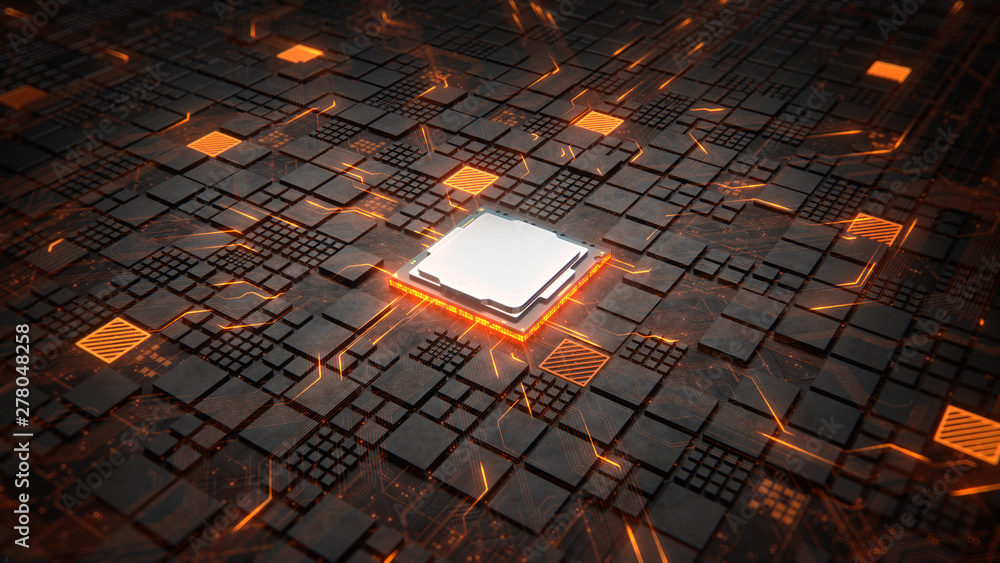 Installing CPU on Motherboard circuit with microchips, electric wave ...